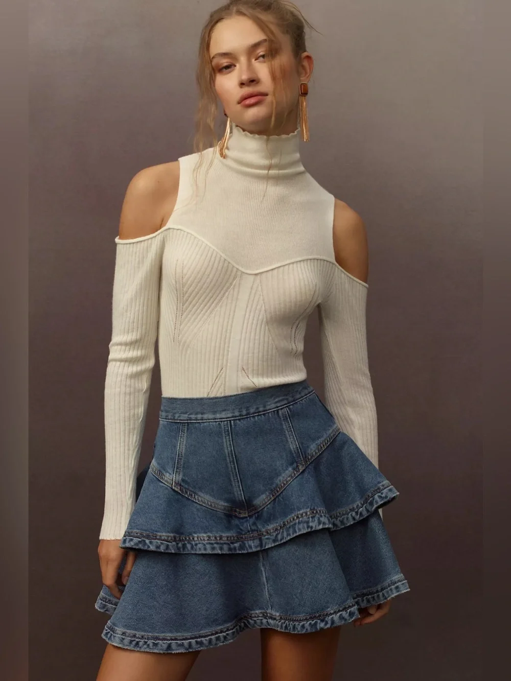 Pilcro Anthropology Yoked Ruffle Mini Denim Blue Jean Western Skirt Size 6